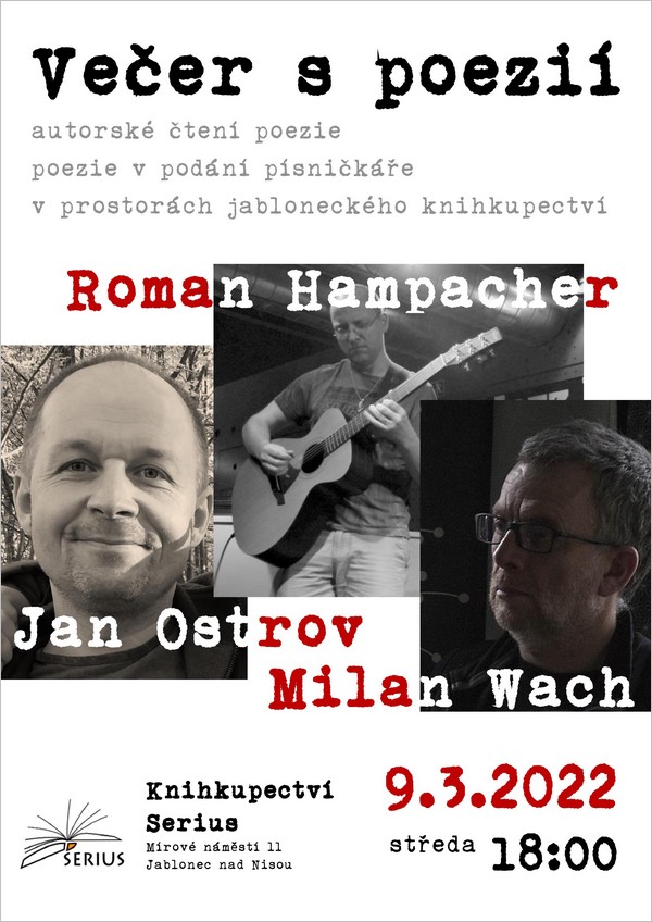 Autorské čtení poezie - Jan Ostrov, Roman Hampacher a Milan Wach v jabloneckém knihkupectví Serius